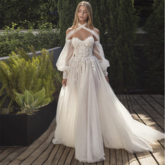 Lizakosht Soft Tulle Boho Wedding Dress Long Puff Sleeve Floral Lace Pearls Bride Dress 2022 Beach Off Shoulder Wedding Party Gowns