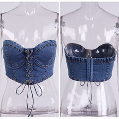 High Quality 2022 Summer Top Sexy Blue Bodycon Crop Top Lace Up Denim Top Short Vest Camisole Removeable Strap