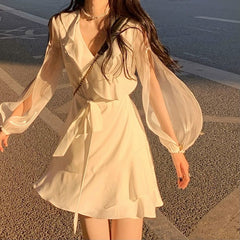 Summer Elegant Mini Dress Woman One Piece Dress Korean Elegant Party Beach Dress Female Lantern Sieeve Office Lady V-Neck