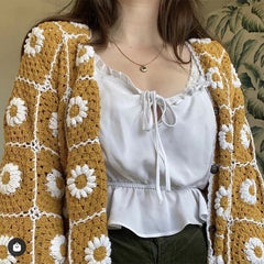Foridol Sunflower Crochet Yellow Knitted Sweater Cardigans Women Spring Autumn Casual Hollow Out Short Cardigan Harajuku