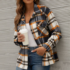 YRZS Womens Brushed Flannel Casual Jacket Plaid Lapel Button Short Pocketed Shacket Shirts Coats