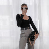 Lizakosht Elegant Solid Square Collar Cropped Knitted Blouse Bodycon Pullover Shirt Long Sleeve New Heart Shaped Female Sweater