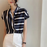 Lizakosht Summer Women Casual Striped Shirt Office Lady Short Sleeve Fashion Chiffon Shirt Top Female Blouse