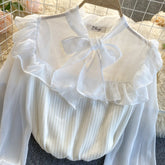 Spring Autumn New Temperament Fashion Blouse Women Sweet Fungus Chiffon Lantern Sleeve Stitching Slim Short Shirt UK977