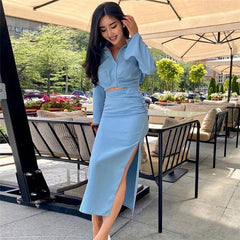 New Two Piece Set Women Spring Shirt Blouse +High Waist Casual Long Skirt Woman Elegant Office Clothes Chic Set