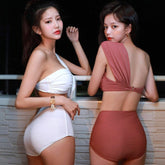 Lizakosht High Waist Bikini Woman Solid One Shoulder Thong Bikini Cute Swimsuit Korean Style 2022 Bathing Suit 2 Piece Bodysuit Monokini