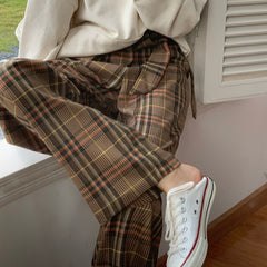 Loose Plaid Suit Pants Women Spring Autumn Casual High Waist Straight Hip Hop Pants Cool Streetwear Trousers Females