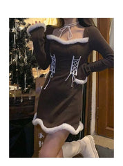 Christmas Party Women'S Dress Square Neck Long-Sleeved Plus Velvet Mini Dresses Elegant Dress For New Year 2022 Evening