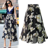 Spring Summer Newest Women Chiffon Skirts Printing Floral A line High Waist Bow Lace Up Belt Y2K Ladies Midi Long Skirt