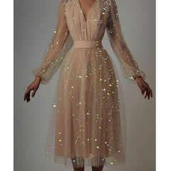 Sexy V Neck Graduation Dresses Fashion Long Sleeved Collect Waist Mesh Homecoming Vestido for Women Prom Robe Bridesmaid Dress