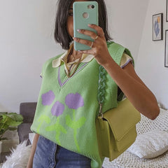 Floral Print Knitted Sleeveless Sweater Women Vest Spring Autumn V Neck Waistcoat Pullovers Green High Fashion Vintage Tops