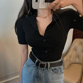 cotton knitted crop tops for Sexy women 2022 Summer female solid short-sleeve elasticity polo shirt