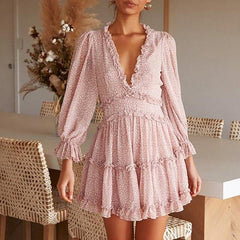 Vintage Mini Dress Ladies 2022 Party Dress Floral Print Ruffle Boho Dress Women Backless V-Neck Sexy Dress Women