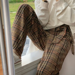 Loose Plaid Suit Pants Women Spring Autumn Casual High Waist Straight Hip Hop Pants Cool Streetwear Trousers Females