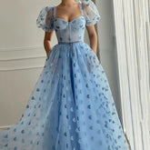 Lizakosht Eightree Baby Blue Long Prom Dresses with Pocket Hearty Short Sleeve Pageant Formal Evening Party Dresses Floor Length Robe