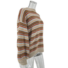 High Street Women Sweater Striped Contrasting Color Sweaters Vintage O-Neck Long Sleeve Knitwear Pullovers Women Clothes