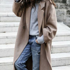 Woolen Coat Women Turndown Collar Casual Long Solid Color Buttons Warm Woolen Jacket Fashion Ladies Overcoat 2022 Street Shot