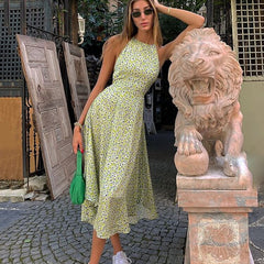 Lizakosht Spring Summer Floral Dress Yellow Lace Up Dress Sexy Backless Dress Maxi Dress Women Causal Dress for Party Club