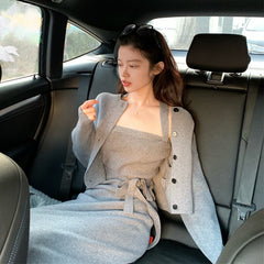 Tow Piece Set Women Autumn 2021 Korean Slim Knitted Cardigan Coat+sexy Bodycon Strap Dress Office Lady Sashes Casual Sweater Set