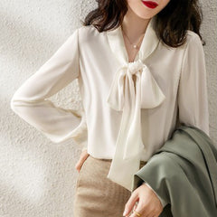 Fashion Woman Blouses 2022 Spring Korean Temperament All-match Chiffon Shirt Big Streamer Chic Bow Tie Long Sleeve Top Female