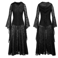 Gothic Hooded Black Halloween Punk Dress Cosplay Women Sexy Lace Goth Long Dress 2021 Victorian Medieval Vintage Steampunk Dress