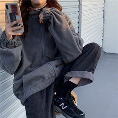 Loose Women Hoodies Korean Style Hoodie Sweatshirt Rocker Fleece Casual Rabbit Fur Zip Up Long Sleeve Kawaii Clothing Aesthetic