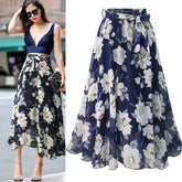 Spring Summer Newest Women Chiffon Skirts Printing Floral A line High Waist Bow Lace Up Belt Y2K Ladies Midi Long Skirt