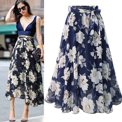 Spring Summer Newest Women Chiffon Skirts Printing Floral A line High Waist Bow Lace Up Belt Y2K Ladies Midi Long Skirt