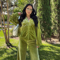 Autumn Smart Trousers Suit Rhinestone Letters Velvet Zipper Coat Wideleg Pants Womens Loose Casual Street Clothing Trousers Suit