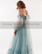 Sevintage Long Puffy Sleeves Prom Dresses 2022 Off The Shoulder Tiered Tulle Evening Dress Corset Back Women Wedding Party Gowns