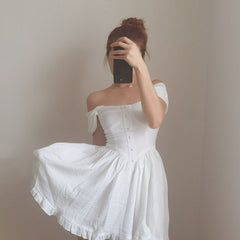 Summer Dress Single Breasted High Waisted Chiffon A-line White Lolita Dress Vintage Maid Dress Party Classy Birthday Y2k