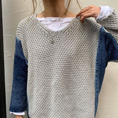 Chic Pacthwork Sweater Women Winter Knitwear 2022  Women's Jumper Loose Oversize V Neck Long Sleeve Female Jersey Knitted Tops