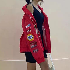 women winter jacket Coat Red Printed zipper Long Sleeve racing Jackets Vintage Sport Style Polyester Bomber Jacket Women 2021