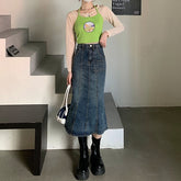 Lizakosht  Vintage Washed Jean Skirts Women High Waist Stretch Slit Ruffle Trumpet Female 2022 New Sexy Fitness Tight Skirt