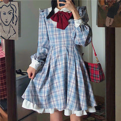 Lizakosht Women Japanese Harajuku Peter Pan Collar Bow Dress Female A-line Cute Lolita Dress Blue Plaid Ruffles Fairy Vestidos