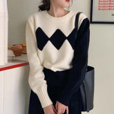 Retro Lozenge Knitting Womens Sweater Autumn New 2022 Korean Fashion Color Contrast Long Sleeve Pullover Sweater Tops