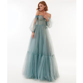 Sevintage Long Puffy Sleeves Prom Dresses 2022 Off The Shoulder Tiered Tulle Evening Dress Corset Back Women Wedding Party Gowns