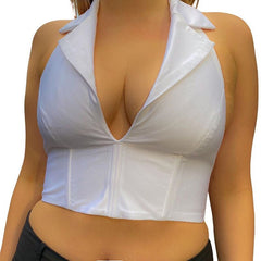 90s Vintage Female Sexy T-Shirts Deep V Neck Turn Down Collar Tee Sleeveless Crop Shirts Y2k Aesthetic Indie Party E Girl Women