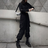 PERHAPS U Women Hip Pop Pants Pocket Elastic Waist Black Solid Casual Streetwear P0030