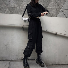 PERHAPS U Women Hip Pop Pants Pocket Elastic Waist Black Solid Casual Streetwear P0030