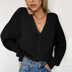 Spring Autumn Women's Cardigan European Style Solid Color V-neck Lantern Sleeve Knitted Cardigan New Button Cardigans GX274