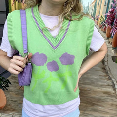 Floral Print Knitted Sleeveless Sweater Women Vest Spring Autumn V Neck Waistcoat Pullovers Green High Fashion Vintage Tops
