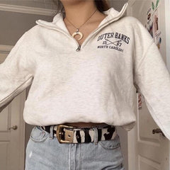 Lizakosht New Preppy Style Letter Print Zip Up POLO Collar Sweatshirt Women White Vintage Warm Fleece Winter Pullovers Design Fashion