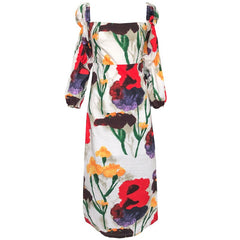 Suummer New Vintage Square Collar Lantern Sleeve Print Dress Women Elegant Long Robe Modern Lady Floral Split Boho Vestidos