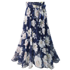 Spring Summer Newest Women Chiffon Skirts Printing Floral A line High Waist Bow Lace Up Belt Y2K Ladies Midi Long Skirt