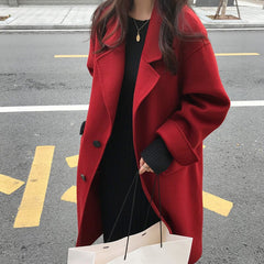 Fall New Korean Mid Length Cashmere Over The Knee Coat Women Red Woolen Coat High Quality Wool Coat Solid Color Woolen Coat