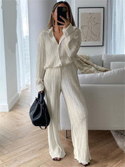 Lizakosht New Luxury Pleated Women's Set Oversized Two Piece Set Turn Down Collar Shirt Top And Pants Sets Casual High Street