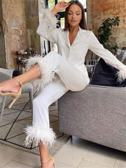 Lizakosht  2022 Casual Two Piece Pants Set For Women Black Fleece Fur Long Sleeve Top Shirt And Pantsuit Ladies Fashion Party Suit