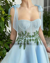 Eightree Blue Prom Dresses 2022 A-Line Spaghetti Straps Green Crystals Party Gown Tea Length Robes de cocktail Dress with Pocket