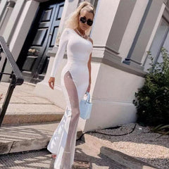 Lizakosht NEW Mesh Diamond Bling Jumpsuit Women Black Long Sleeved Diagonal Collar Black Wide Leg Flare Pants Sexy Jumpsuits High Quality